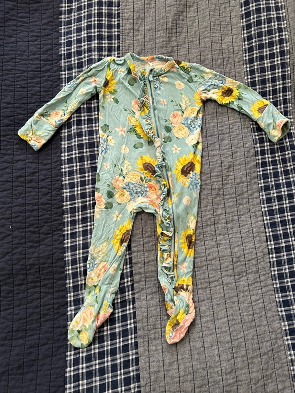 Posh Peanut Light Aqua Floral Sunflower Footed Pajamas